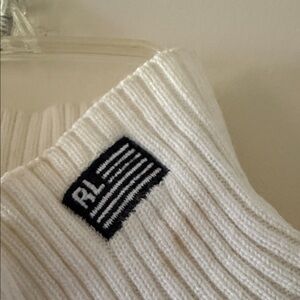 Ralph Lauren White Ribbed Knit Top with Navy RL Flag